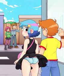 2boys 2girls ahoge arm_up bare_shoulders black_eyes blue_hair blush booty brown_hair clothed dark_blue_hair enf-lover facial_hair freckles hair_ornament kim_pine looking_back multicolored_hair orange_hair panties pink_hair ramona_flowers rear_view red_hair scott_pilgrim scott_w_pilgrim short_hair skirt_lift star stephen_stills striped_panties