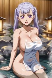 1girls ai_generated big_breasts black_clover breasts curvy eternoai hi_res hot_spring hourglass_figure huge_breasts large_breasts looking_at_viewer noelle_silva purple_eyes royalty silver_hair sweat thick_thighs thighs towel twintails voluptuous wet