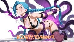 1girls ai_generated arcane arm_grab blue_hair breasts cum_on_body doggy_style hair_grab hand_grab jinx_(arcane) jinx_(league_of_legends) league_of_legends nnnyr pleasure_face running_makeup runny_makeup small_breasts smile smiling stable_diffusion tattoo tentacle tentacle_rape tentacle_sex thighhighs