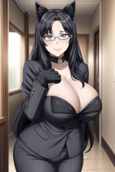 1girls ai_generated ass ass_focus big_breasts black_hair blue_eyes breasts cat_ears cat_tail catgirl female female_focus female_only glasses huge_ass huge_breasts large_breasts long_hair mature_female milf office_lady thighs