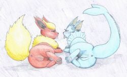 after_kiss ass bodily_fluids duo eeveelution female female/female feral feral_only flareon generation_1_pokemon genitals kitruppell nintendo pokemon pokemon_(species) presenting presenting_hindquarters presenting_pussy pussy saliva saliva_string traditional_media_(artwork) vaporeon