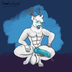 absurd_res anthro antlers balls big_balls big_penis bite_mark blue_eyes bodily_fluids canid canine claw_marks crouching fur genital_fluids genitals glowing glowing_eyes hi_res horn huge_balls huge_cock licking licking_lips male mammal penis precum simple_background solo spesssmutcentral tongue white_body white_fur