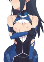 alice_gear_aegis blue_hair blush bodysuit breast_focus breasts eyes_out_of_frame female female_focus gloves highres holding_own_arm koashi_mutsumi long_hair morisobo nipples simple_background small_breasts solo standing torn_bodysuit torn_clothes white_background