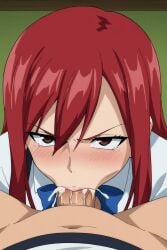 1boy 1girls ai_generated angry angry_expression angry_eyes angry_face blowjob blush blush_lines brown_eyes cum cum_in_mouth cum_inside erza_scarlet fairy_tail fellatio long_hair penis pov red_hair redhand sucking sucking_dick sucking_penis tears