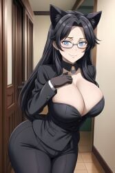 1girls ai_generated ass ass_focus big_breasts black_hair blue_eyes breasts cat_ears cat_tail catgirl female female_focus female_only glasses huge_ass huge_breasts large_breasts long_hair mature_female milf office_lady thighs