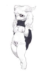 anthro areola asriel_dreemurr_(god_form) biped black_sclera bodily_fluids boss_monster_(undertale) bovid breasts caprine clothed clothing clothing_lift eyebrows female fur genitals goat horn mammal nipples pupils pussy ramssa rule_63 simple_background skimpy solo sweat sweatdrop undertale undertale_(series) underwear white_background white_body white_eyes white_fur