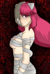 bandages_only elfen_lied horn long_hair lucy_(elfen_lied) pink_eyes pink_hair red_background safe safe_for_work