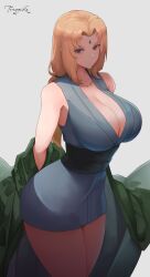 1girls artist_name bare_legs blonde_hair bottomless breasts cleavage collarbone commentary facial_mark female forehead_mark green_happi grey_kimono happi highres huge_breasts japanese_clothes kimono looking_at_viewer milf naruto naruto_(series) naruto_shippuden pinup signature simple_background sleeveless sleeveless_kimono solo thighs torygika tsunade undressing upper_body voluptuous