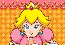 1boy 1girls :>= blonde_hair blue_eyes cyrenaic13 elbow_gloves fellatio female gloves hair human looking_at_viewer male mario_(series) nintendo official_style oral penis pov princess_peach saliva straight super_princess_peach