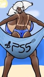 /ctt/ 1girls beach bikini blue_eyes console-tan dark_skin from_behind gigantic_breasts gijinka glasses_on_head huge_breasts humanization large_breasts looking_back_at_viewer meme_in_the_background playstation_5 ps5-tan ps5_pro-tan sony_interactive_entertainment swimsuit tanline tanlines tanned towel traced twintails variant white_hair wink