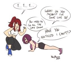 2girls abs big_breasts clothed clothing doodle huge_breasts iolanda_(naijmizuho) leona_(naijmizuho) naijmizuho oc original_character ponytail purple_hair push-up red_hair scribble sfw tagme workout workout_clothes