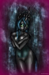 2014 anthro anthrofied anus ass big_breasts big_butt breasts changeling eye_through_hair female friendship_is_magic green_eyes green_hair green_theme hair hi_res holes horn looking_back my_little_pony nipples pussy queen_chrysalis_(mlp) sixpathoffriendship slit_pupils smooth_skin solo standing translucent_hair wings