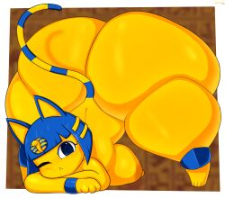 1girls 2024 animal_crossing animal_humanoid ankha ankha_(animal_crossing) anklet ass bending_over big_ass blue_eyes blue_hair bottom_heavy breasts cat_ears cat_humanoid cat_tail dannyiac digital_media_(artwork) feline female female_focus female_only huge_ass hyper_ass jack-o_pose looking_at_viewer nipple one_eye_closed solo solo_female yellow_body yellow_nipples