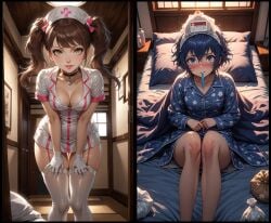 2_panel 2girls ai_generated atlus backlit bedhead bedside_table blanket blue_eyes blue_hair blush blushing_profusely breast_pocket brown_hair buttons clavicles cleavage cleavage_focus collared_dress collared_shirt dominant_female eyebrows eyebrows_hidden_by_hair eyebrows_raised eyelashes fanfic_art female_focus female_only fever garter_straps glossy_lips gloves hallway_in_background hands_on_thighs hands_together heart_choker heavy_blush high-angle_view ice ice_bag ice_on_head imminent_sex japanese_house knees_up kujikawa_rise lace-trimmed_bra lace_trim latex latex_clothing latex_gloves latex_legwear latex_nurse latex_stockings latex_thighhighs leaning_forward legs_together light_brown_eyes light_reflection long_sleeve_shirt looking_at_viewer low-angle_view medicine medicine_bottle megami_tensei mini_dress nervous nervous_face nervous_female nurse nurse_cap nurse_clothing nurse_headwear nurse_outfit nurse_uniform overhead_light pajama_shirt pajama_shorts pajamas persona persona_4 persona_4_the_golden pictures_in_background pink_lines pink_lips pov pov_eye_contact reaction_image roleplay seductive seductive_look seductive_smile sega shin_megami_tensei shiny_skin shipping shirogane_naoto short_hair short_sleeves shot_reverse_shot showing_off showing_off_breasts sick silhouette sitting sitting_on_bed skin_tight standing standing_in_doorway submissive_female suggestive suggestive_look suggestive_smile thermometer thermometer_in_mouth twintails white_clothing white_dress white_gloves white_latex white_latex_gloves white_latex_legwear white_latex_thighhighs white_legwear yuri zipper_down