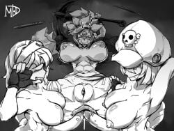 1girls 2futas anchor baiken double_anal double_penetration female futa_on_female futanari guilty_gear large_penis madd_horner may_(guilty_gear) monochrome stuck