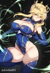 action_pose ai_generated armpits artoria_pendragon artoria_pendragon_(lancer) blonde_hair blue_leotard elbow_gloves fate/grand_order fate_(series) green_eyes hip_bones hip_focus hips knee_up leotard looking_at_viewer mature_female mature_woman mommy narrow_waist standing_on_one_leg sweat sweatdrop thick_thighs thighhighs tight_clothes tight_clothing wide_hips