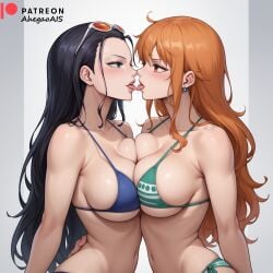 2girls ahegao_ai big_breasts bikini bikini_bottom bikini_top french_kiss kissing nami_(one_piece) nico_robin one_piece sexy_pose tongue tongue_out