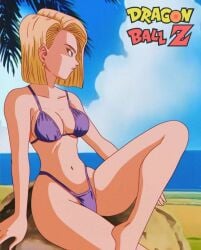 1girls android android_18 android_girl ass beach belly_button bikini blonde_female blonde_hair blonde_hair_female blue_eyes blue_eyes_female blue_sky blue_sky_background breasts cloud clouds cloudy_sky dragon_ball dragon_ball_super dragon_ball_z earring earrings eyelashes female female_focus female_only highres hips jewelry legs light-skinned_female light_skin looking_at_view looking_away medium_breasts medium_hair navel ocean ocean_background purple_bikini purple_bikini_bottom purple_bikini_top salvamakoto sand sea sea_background sitting sitting_down sitting_on_rock sky solo solo_female solo_focus swimsuit thighs trees water