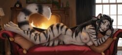 anthro areola breasts digital_media_(artwork) eleacat fangs feet felid female fire fireplace fur furniture genitals hair hi_res inside looking_at_viewer lying mammal navel nipples nude on_side pantherine pillow pose pussy smile solo stripes tail teeth tiger vulva white_body