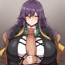 1girls ai_generated bead_necklace beads black_dress blonde_hair breasts_bigger_than_head brown_hair cross-laced_clothes gigantic_breasts gradient_hair handjob hijiri_byakuren huge_breasts huge_cock looking_at_viewer male penis pov purple_hair touhou two_tone_hair white_dress worried worried_expression worried_face worried_look yellow_eyes