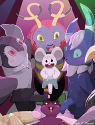 absurd_res anthro camera_view feral group group_photo hi_res hippopotas imminent_sex indeedee jaylus_t_meowstic looking_at_viewer male male/male meowstic nidoran nidoran♂ nintendo party pokémon_(species) pokemon tandemaus unfezant video_games volbeat