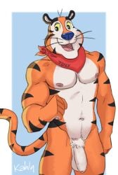 anthro athletic athletic_anthro athletic_male balls biceps digital_media_(artwork) felid fingers flaccid foreskin frosted_flakes fur genitals hair humanoid_genitalia humanoid_penis kahlu kellogg&#039;s kerchief kerchief_only looking_at_viewer male mammal mascot mostly_nude navel neckerchief neckerchief_only nipples nude open_mouth pantherine penis pubes simple_background smile solo standing stripes tail tiger tight_foreskin tony_the_tiger