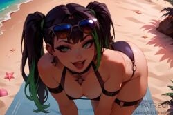 1girls ai_generated almighty_descent ass bare_shoulders beach bikini black_hair brat chloe_(almighty_descent) choker cleavage collar earrings green_eyes green_hair highres leaning_forward long_hair looking_at_viewer multicolored_hair oc original_character petite punk shorts small_breasts smile solo solo_female solo_focus striped_legwear sunglasses thick_thighs thigh_strap twintails