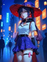 absurd_res ai_generated genshin_impact hat ministro mona_(genshin_impact) skirt skirt_up vibrator vibrator_under_clothes