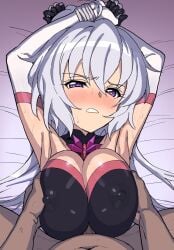 1boy ahoge armpits blush bound bound_wrists breasts covered_nipples elbow_gloves female gloves grabbing_another's_breast grey_hair groping hair_between_eyes highres inai_uchi large_breasts long_hair looking_at_viewer lying on_back paizuri penis pov purple_eyes senki_zesshou_symphogear straddling_paizuri sweat symphogear_pendant twintails white_gloves yukine_chris