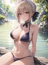 1girls ai_generated alternate_breast_size artoria_pendragon artoria_pendragon_(alter) artoria_pendragon_(swimsuit_rider_alter) bikini blonde_hair breasts commission fate/grand_order fate_(series) female large_breasts looking_at_viewer maid maid_headdress outdoors saber_alter short_hair stable_diffusion thighs tied_hair yellow_eyes