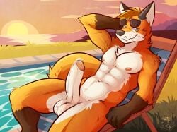 anthro big_penis black_ears bodily_fluids canid canine eyewear fox fur genital_fluids genitals gloves_(marking) green_eyes hi_res leaking_precum looking_at_viewer male mammal markings orange_body orange_fur penis precum precum_on_penis solo solo_focus sunglasses ventkazemaru white_body white_fur