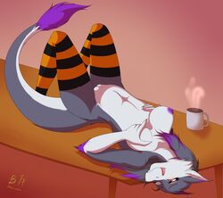 black-husky breast_grab breasts coffee female fur grey_fur lying nipples on_back one_eye_closed orange_eyes purple_fur purple_skin pussy sergal socks solo storm_(stormblazer) table tail_tuft tongue tuft white_fur wink