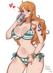 1girls bikini brown_eyes female female_only green_bikini kyopink long_hair nami nami_(one_piece) one_piece orange_hair red_hair soda soda_can solo striped_bikini