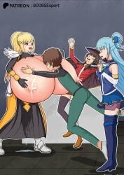 1boy 3girls alternate_breast_size aqua_(konosuba) areolae breast_expansion darkness_(konosuba) female hyper hyper_breasts kono_subarashii_sekai_ni_shukufuku_wo! male massive_breasts megumin milk milk_squirt multiple_girls nipples satou_kazuma veiny_breasts