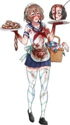 amai_odayaka apron black_footwear black_hair blood blood_in_hair blood_on_clothes blood_on_face blood_on_hands blouse blue_skirt blush breasts brown_eyes brown_hair commentary crazy_eyes crazy_smile english_commentary exposed_brain female full_body green_eyes guro holding holding_plate intestines kjech neckerchief organs picnic_basket picnic_blanket plate school_uniform severed_arm severed_head severed_limb shirt short_hair skirt smile stitched_mouth stitches striped_clothes striped_thighhighs thighhighs transparent_background white_thighhighs yandere_simulator zettai_ryouiki