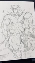 anthro balls bara barazoku bear big_penis boner dildo dildo_in_ass erection fumimimimidory furry kumatetsu male male_only monochrome muscles muscular nude penis solo solo_male sweat sweating the_boy_and_the_beast traditional_media_(artwork) ursid