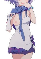 azur_lane breasts eyes_out_of_frame female gloves highres javelin_(azur_lane) medium_breasts medium_hair morisobo nipples one_breast_out open_mouth plaid_clothes plaid_skirt purple_hair simple_background single_glove skirt solo white_background white_gloves