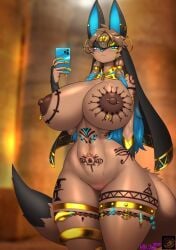 anthro anubis_(pal) areola big_breasts biped blush breasts cellphone electronics eyelashes female genitals hi_res holding_cellphone holding_object holding_phone looking_at_viewer maned_kitsune nipples pal_(species) palworld phone pocketpair pupils pussy thick_thighs