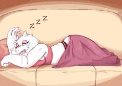 anthro anthro_only ass blanket bodily_fluids breasts cleavage closed_eyes clothed clothing coach goat goat_horns goopyarts sleeping toby_fox toriel undertale undertale_(series)