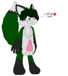 1boy animal_genitalia anthro balls canine canine_penis chest_tuft digitigrade erection fox freckles fur green_fur grin hand_on_hip knot long_tail male male_only mammal one_eye_closed penis solo standing transparent_background tuft yellow_eyes zero_(character) zerofox97_(artist)