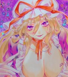 2qune big_breasts breasts cleavage looking_at_viewer mature_female older_female touhou yamazaki_tsukune yukari_yakumo