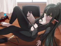 1girls barefoot black_hair black_sclera bra breasts bug butterfly clipboard colored_sclera desk feet female freckles glasses green_eyes highres hui_yu indie_virtual_youtuber insects layna_lazar long_hair looking_at_viewer medium_breasts on_desk open_clothes pointy_ears ponytail round_eyewear shoes sitting toe_ring toes underwear unworn_shoes virtual_youtuber vtuber