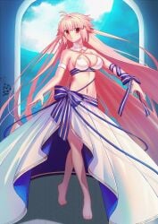 archetype_earth arcueid_brunestud aro_1801 artist_logo bare_shoulders bikini blonde_hair breasts cleavage fate/grand_order fate_(series) female full_moon highres huge_breasts large_breasts long_hair moon navel sarong solo standing swimsuit tsukihime very_long_hair white_bikini white_sarong