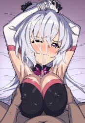 1boy ahoge armpits blush bound bound_wrists breasts covered_nipples cum cum_on_body elbow_gloves facial female gloves grabbing_another's_breast grey_hair groping hair_between_eyes highres inai_uchi large_breasts long_hair looking_at_viewer lying on_back one_eye_closed paizuri penis pov purple_eyes senki_zesshou_symphogear straddling_paizuri sweat symphogear_pendant twintails white_gloves yukine_chris