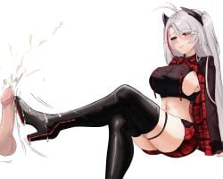 1boy 1girls azur_lane ballbusting black_boots black_dress bootjob boots cbt clothed_female_nude_male cock_and_ball_torture commission commissioner_upload cum cum_on_boots ejaculation female femdom footjob high_heel_boots hkch905_(hikacchi) iron_blood_(azur_lane) kicking light-skinned_female light-skinned_male light_skin long_sleeves motion_lines penis prinz_eugen_(azur_lane) shoejob silver_hair simple_background sitting thigh_boots uncensored uncensored_penis white_background