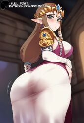 ai_generated ass ass_focus blue_eyes brown_hair detached_sleeves dress elf elf_ears elf_female embarrassed from_behind jewelry large_breasts long_hair looking_back primosan princess_zelda skin_tight standing the_legend_of_zelda the_legend_of_zelda:_twilight_princess zelda_(twilight_princess)