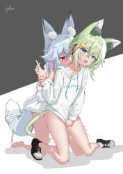 2girls :p absurdres animal_ear_fluff animal_ears assertive_female bare_legs barefoot blue_eyes blue_hair cat_ears cat_girl cat_tail colored_inner_hair finger_in_another's_mouth fox_ears fox_girl fox_tail full_body highres holding_another's_wrist hood hood_down hoodie hoodie_tug kneeling licking licking_another's_neck long_sleeves lyran multicolored_hair multiple_girls no_pants oerba_yun_fang original pointy_ears purple_hair pussy_juice red_eyes short_hair tail tears tongue tongue_out twitching white_hoodie yuri