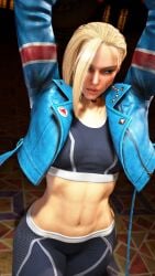 3d belly_button big_breasts blonde_hair blue_eyes cammy_white capcom female female_focus female_only gameplay gameplay_screenshot gloves human human_only ingame_model jacket leggings light-skinned_female light_skin open_jacket scar sf_screenshot six_pack slim_waist solo solo_female sports_bra street_fighter street_fighter_6 thick_thighs top wide_hips