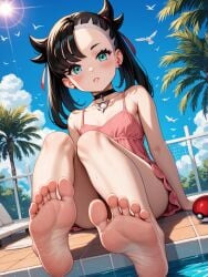 0kw3ird ai_generated aqua_eyes bangs black_choker black_hair blush feet female highres looking_at_viewer marnie_(pokemon) parted_lips petite poke_ball pokemon pool poolside red_ribbon small_breasts soles sweat toes