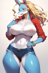 ai_generated bare_legs big_woman bigger_female blonde_hair boku_no_hero_academia fur furry furry_ears furry_female gigantic_breasts huge_breasts huge_thighs ippan_josei long_hair massive_breasts my_hero_academia short_shorts shounen_jump solo_anthro squatting sweat sweatdrop tank_top thick_body thick_female thick_thighs thighs voluptuous voluptuous_female xd696969